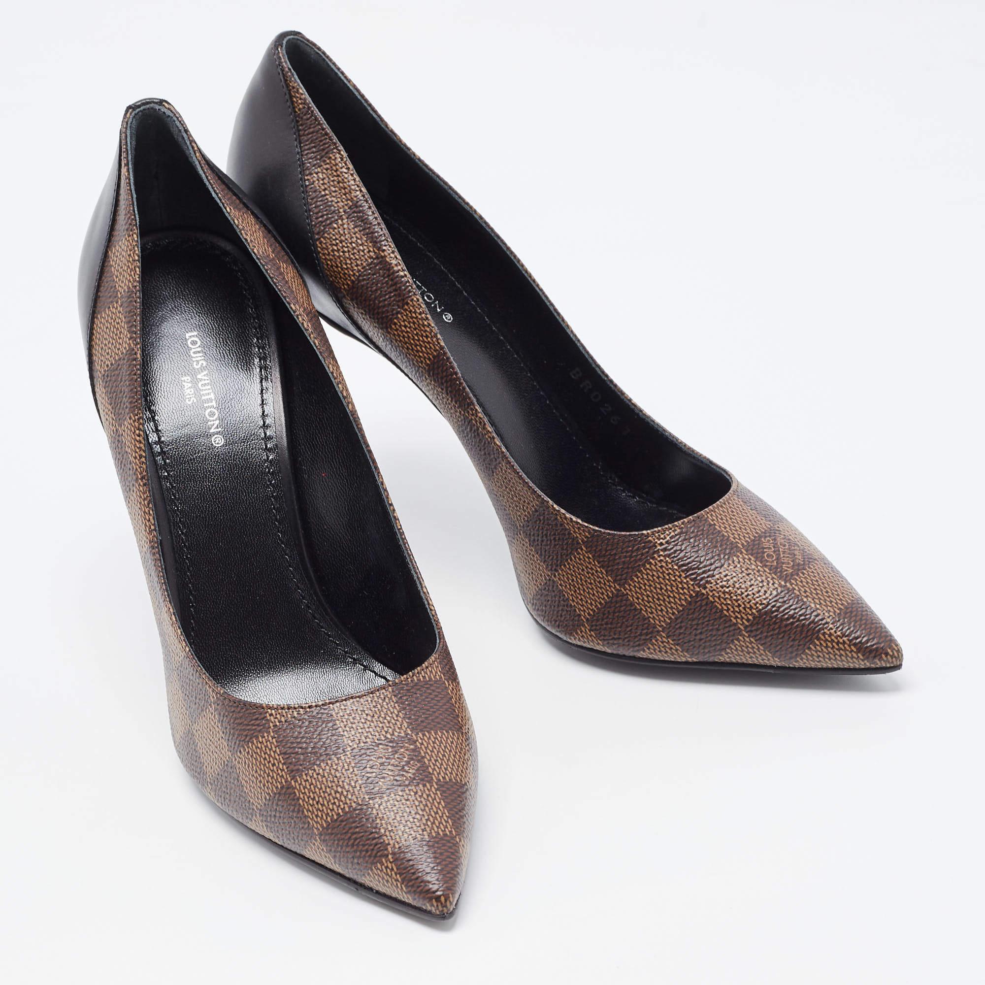 Women's Louis Vuitton Brown Damier Ebene and Vernis Leather Cherie Pumps Size 38 For Sale