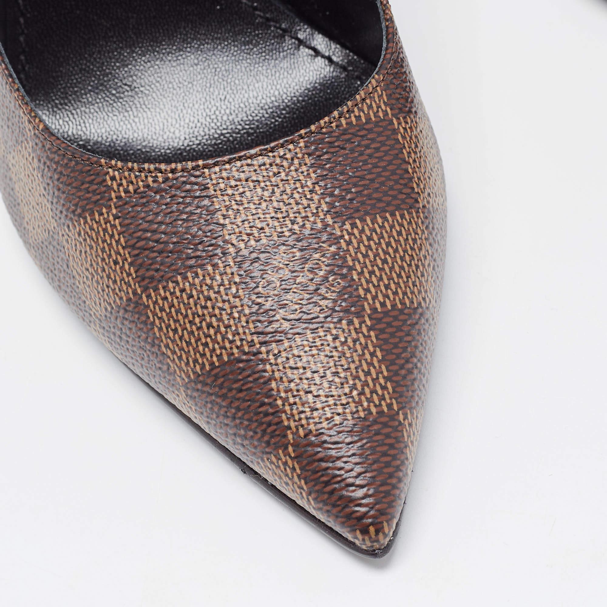 Louis Vuitton Brown Damier Ebene and Vernis Leather Cherie Pumps Size 38 For Sale 1