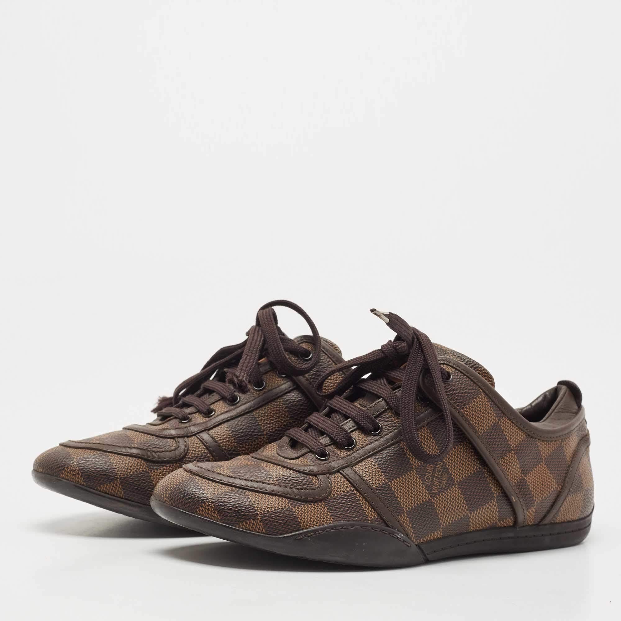 Louis Vuitton Brown Damier Ebene Canvas and Leather Low Top Sneakers Size 35.5 In Good Condition In Dubai, Al Qouz 2