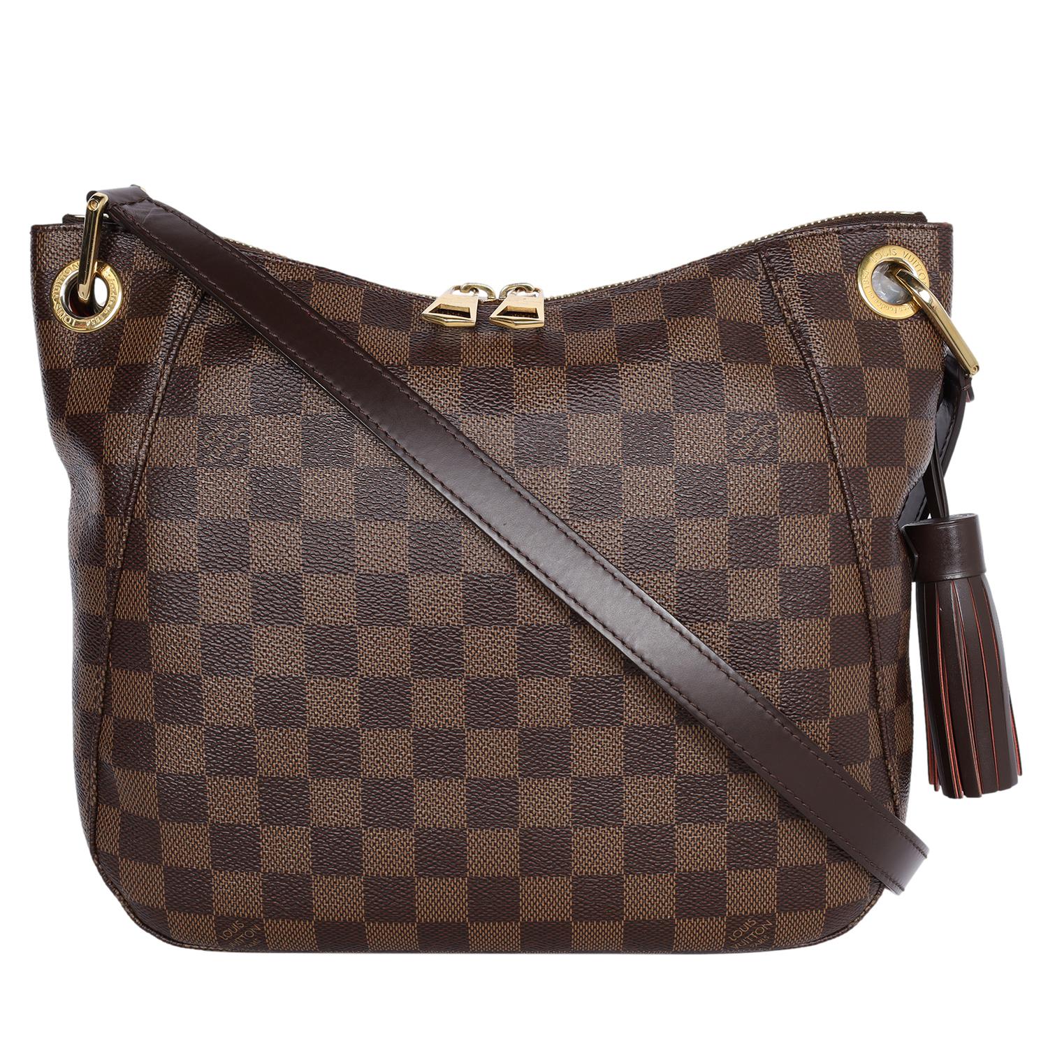 Authentic, pre-loved Louis Vuitton Damier Ebene South Bank Besace crossbody bag. This chic bag features Louis Vuitton Damier Ebene coated canvas in brown, with a front slip patch pocket. The bag features an adjustable dark brown leather shoulder