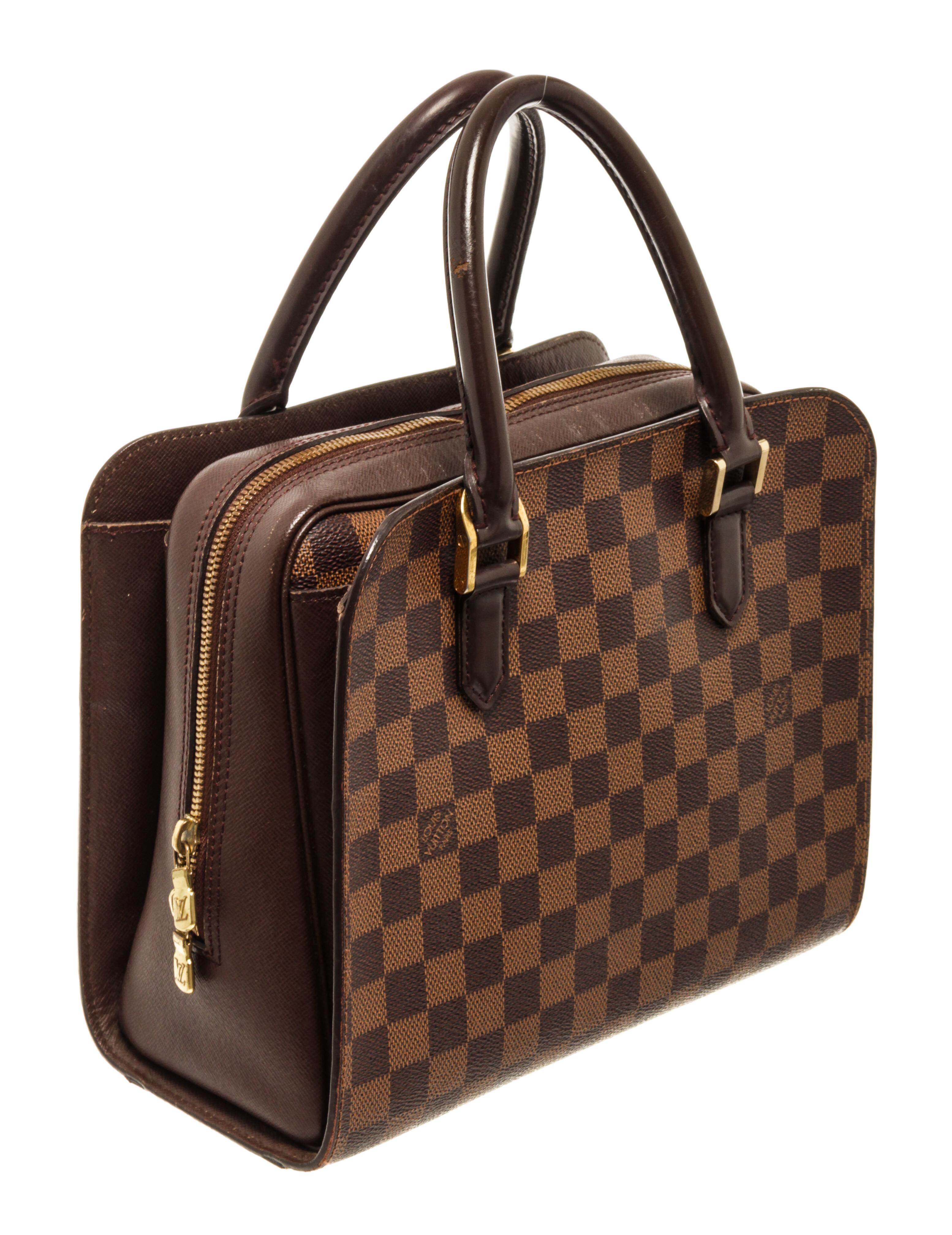 Louis Vuitton Brown Damier Ebene Triana Handbag with brown leather, damier ebene pattern, gold-tone hardware, dual exterior pockets, suede lining & single interior pocket, zip closure at top

64510MSC