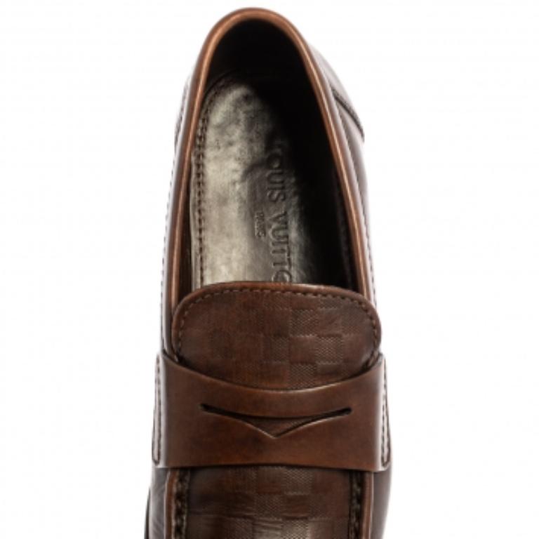 Black Louis Vuitton Brown Damier Embossed Leather Sorbonne Slip On Loafers Size 42 For Sale