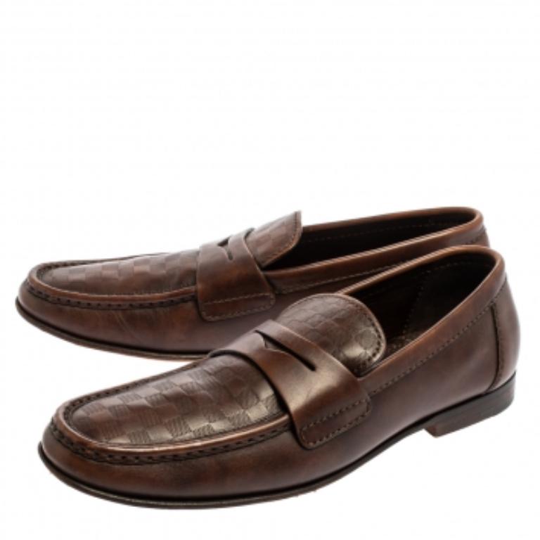 Louis Vuitton Brown Damier Embossed Leather Sorbonne Slip On Loafers Size 42 For Sale 1