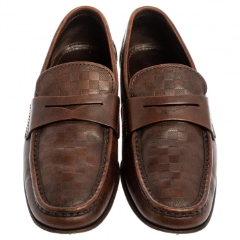 Louis Vuitton Brown Damier Embossed Leather Sorbonne Slip On Loafers Size 42 For Sale 2