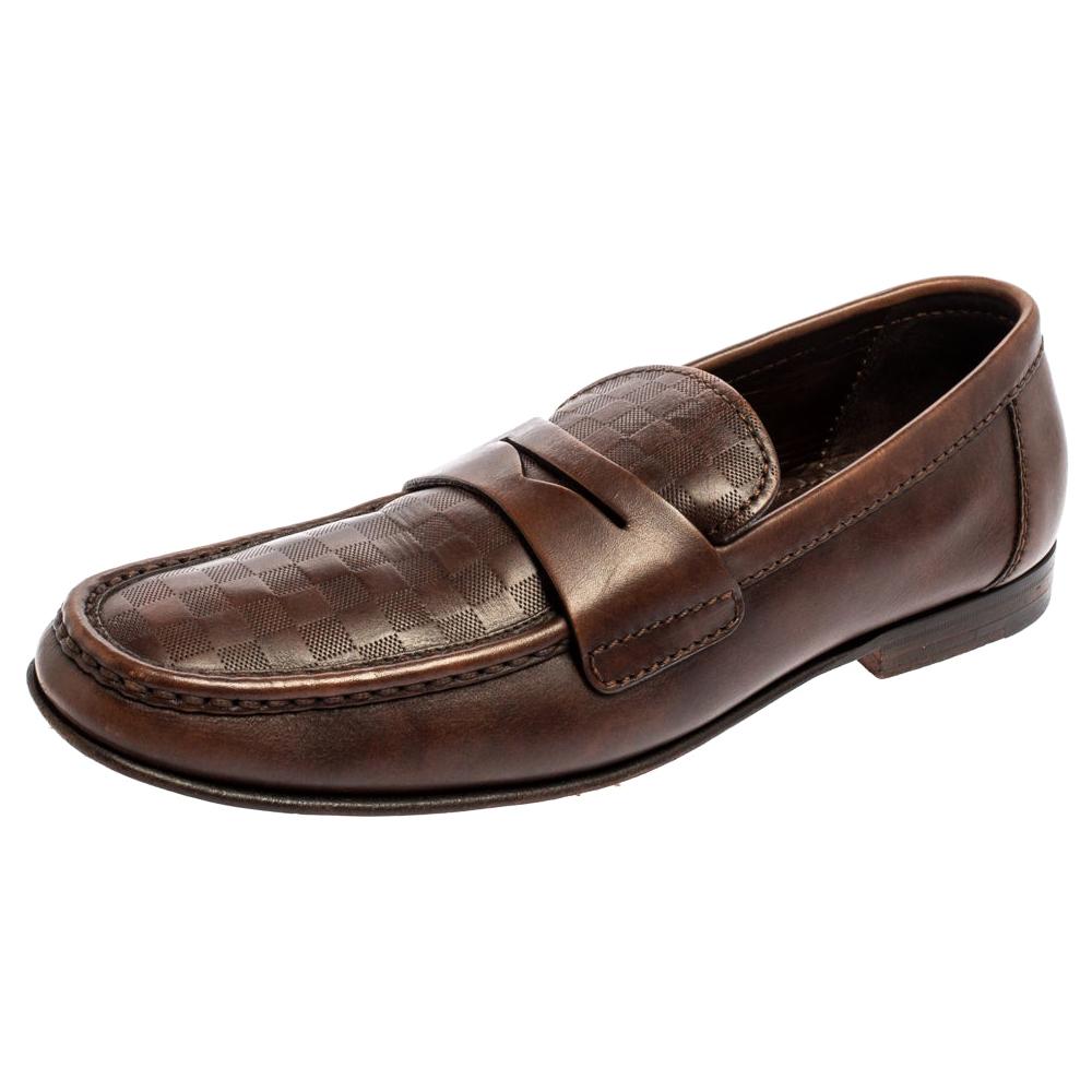 Louis Vuitton Brown Damier Embossed Leather Sorbonne Slip On Loafers Size 42 For Sale