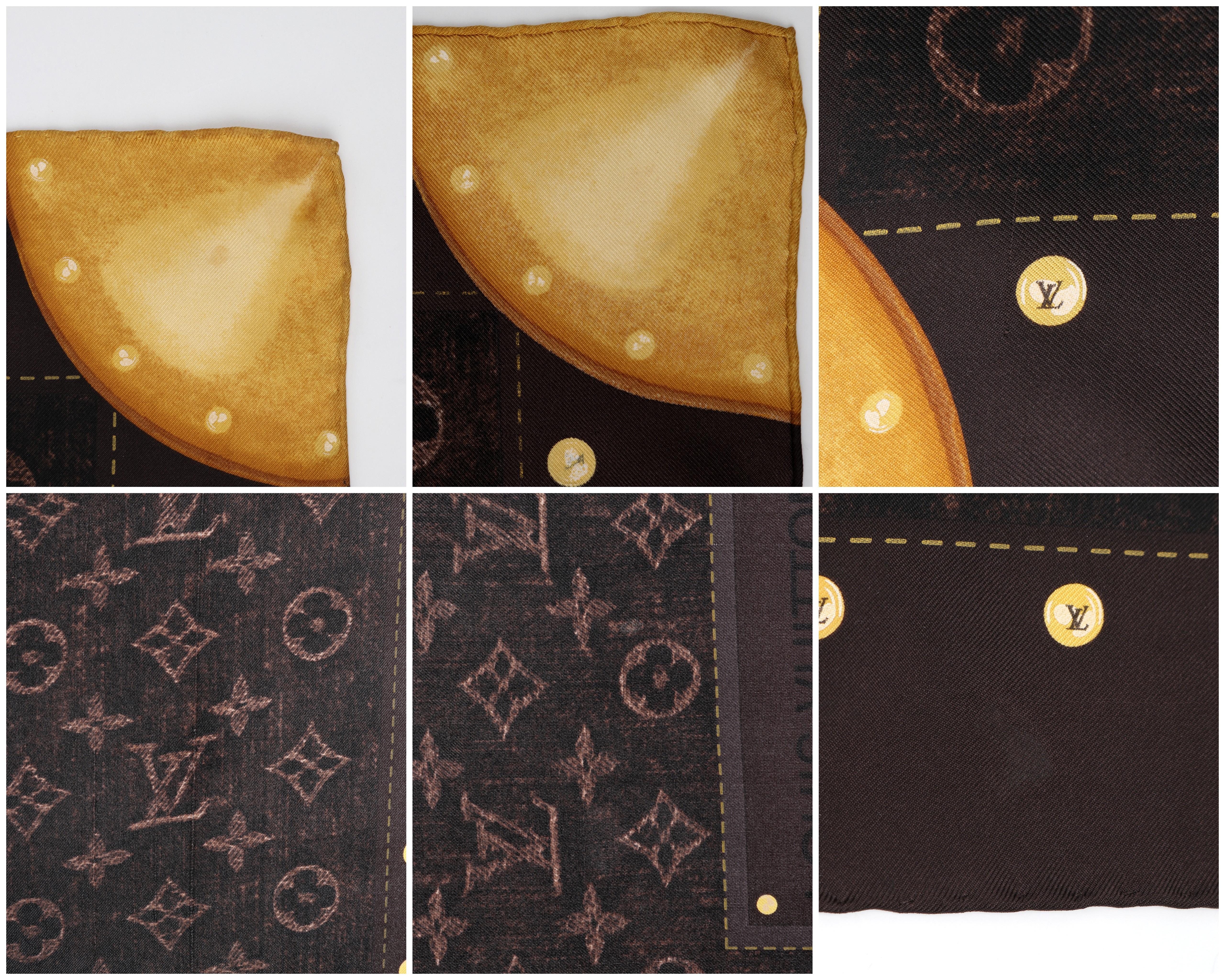 LOUIS VUITTON Brown Denim Monogram Trunk Print Large Square Silk Scarf w/Box For Sale 6