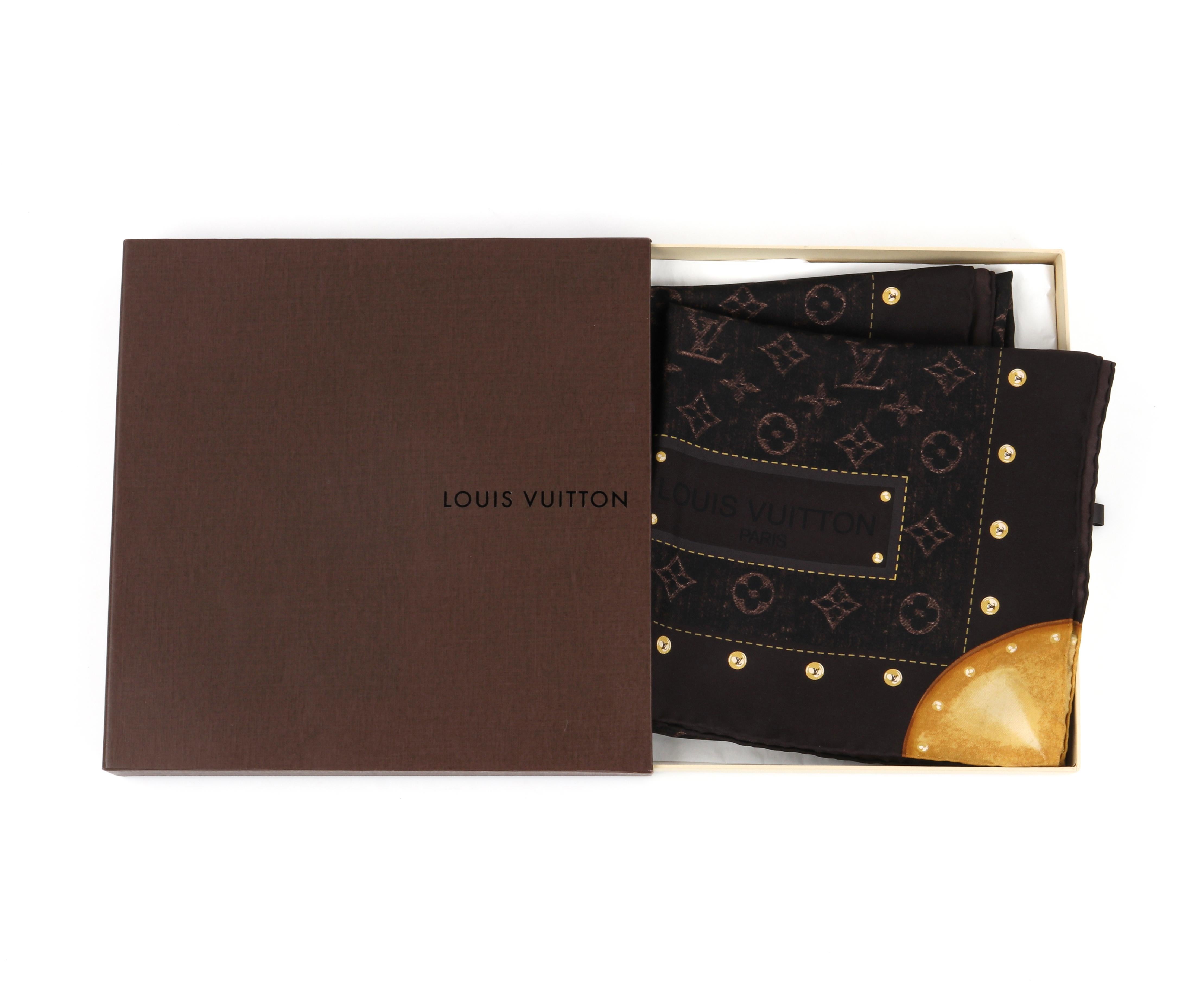 LOUIS VUITTON Brown Denim Monogram Trunk Print Large Square Silk Scarf w/Box 

Brand / Manufacturer: Louis Vuitton
Style: Square Scarf
Color(s): Shades of brown, gold
Lined: No
Unmarked Fabric Content: 100% silk
Additional Details / Inclusions: