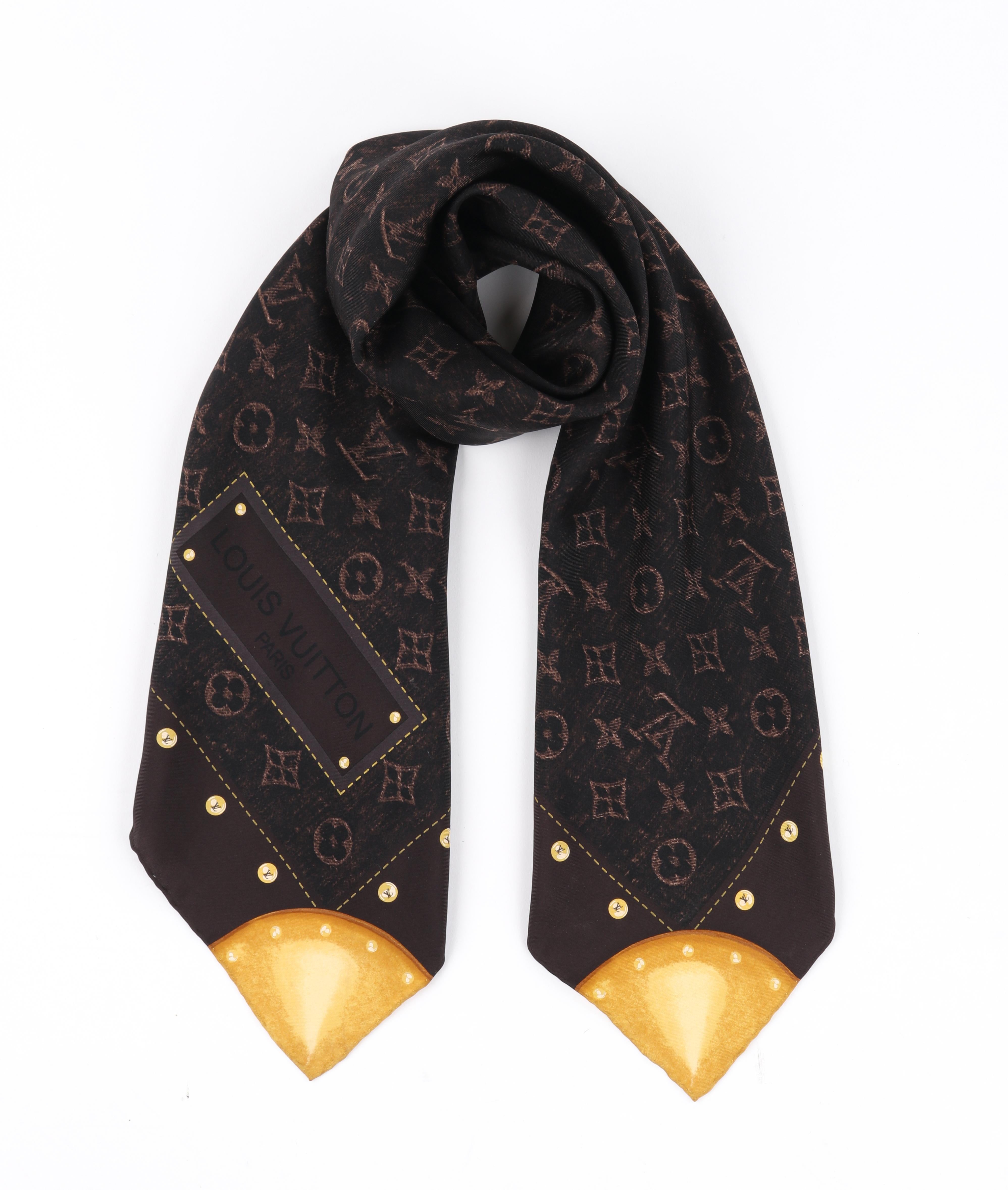 Women's or Men's LOUIS VUITTON Brown Denim Monogram Trunk Print Large Square Silk Scarf w/Box For Sale