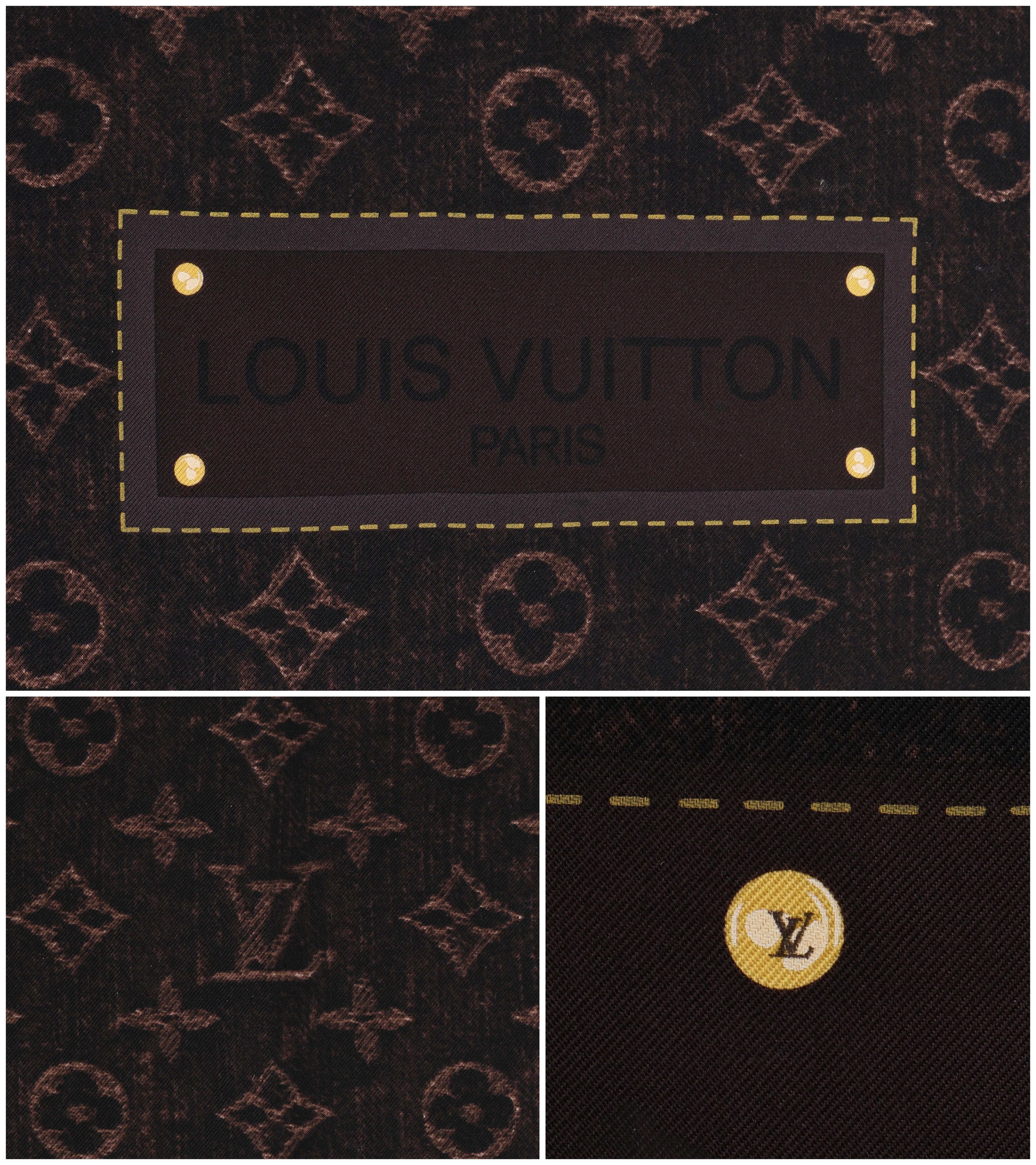 LOUIS VUITTON Brown Denim Monogram Trunk Print Large Square Silk Scarf w/Box For Sale 3