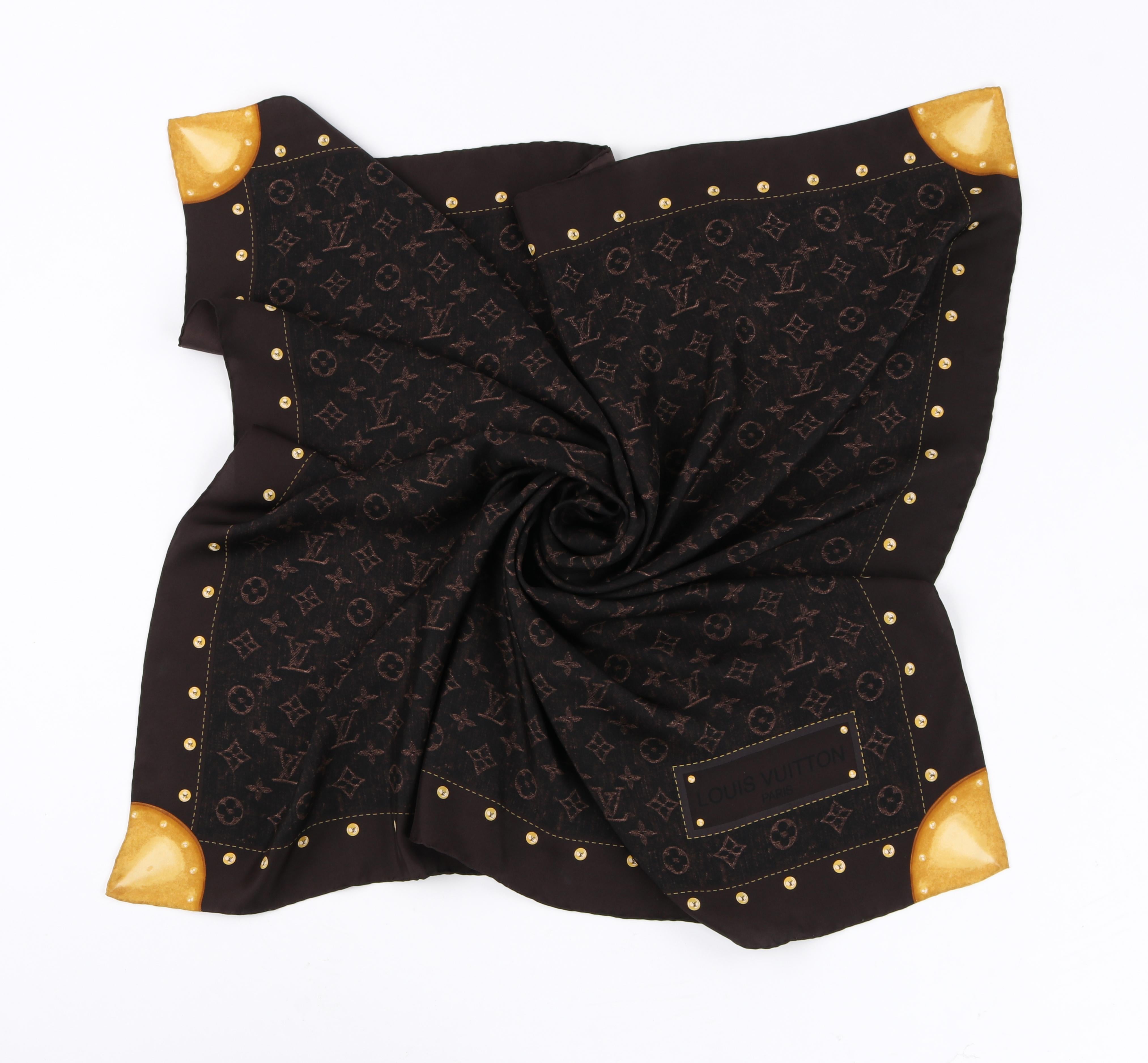 LOUIS VUITTON Brown Denim Monogram Trunk Print Large Square Silk Scarf w/Box For Sale 4