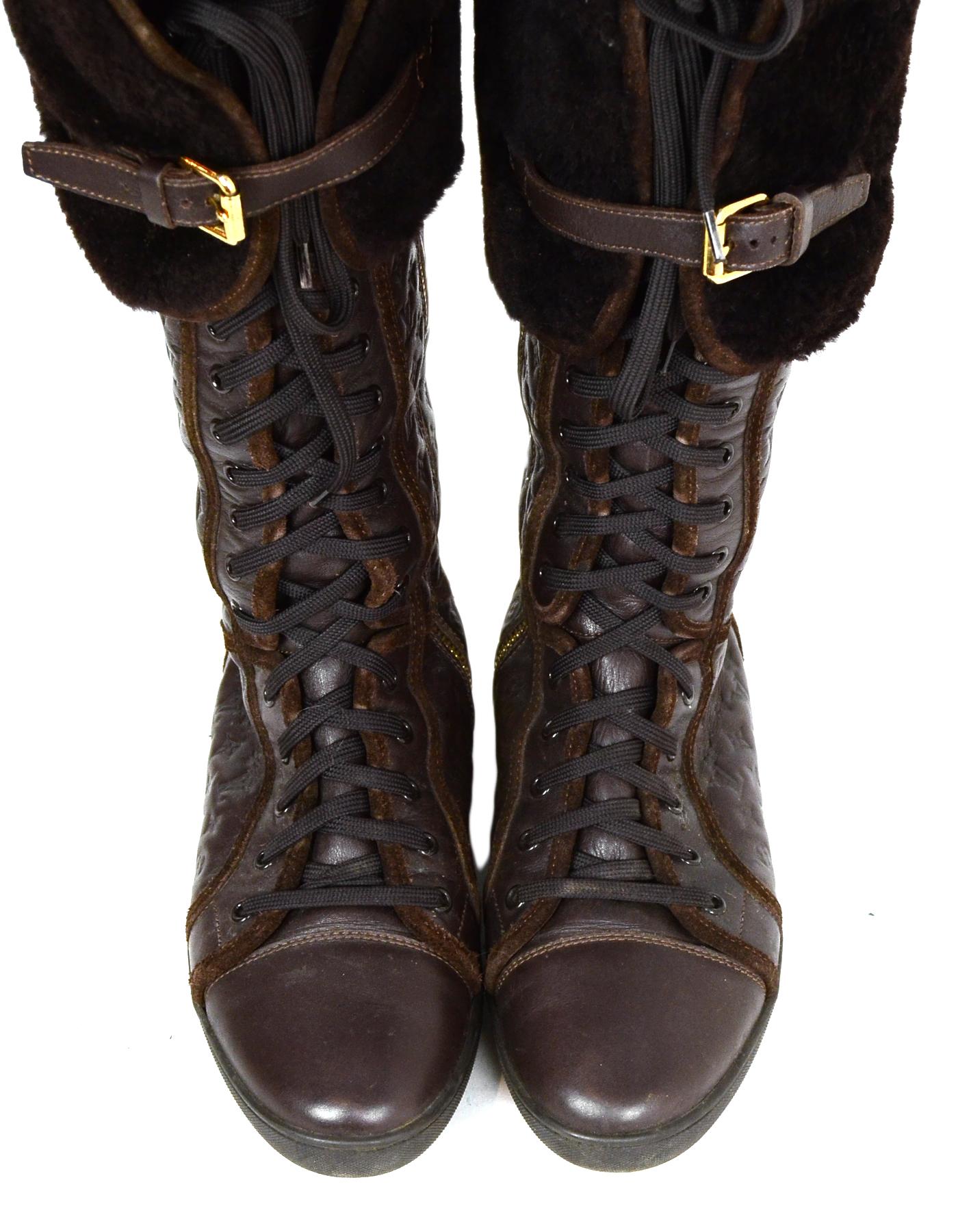 Black Louis Vuitton Brown Empreinte Leather Lace Up Boots with Shearling Lining sz 37
