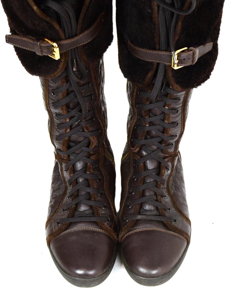 Louis Vuitton Brown Empreinte Leather Lace Up Boots with Shearling Lining sz 37 For Sale at 1stdibs