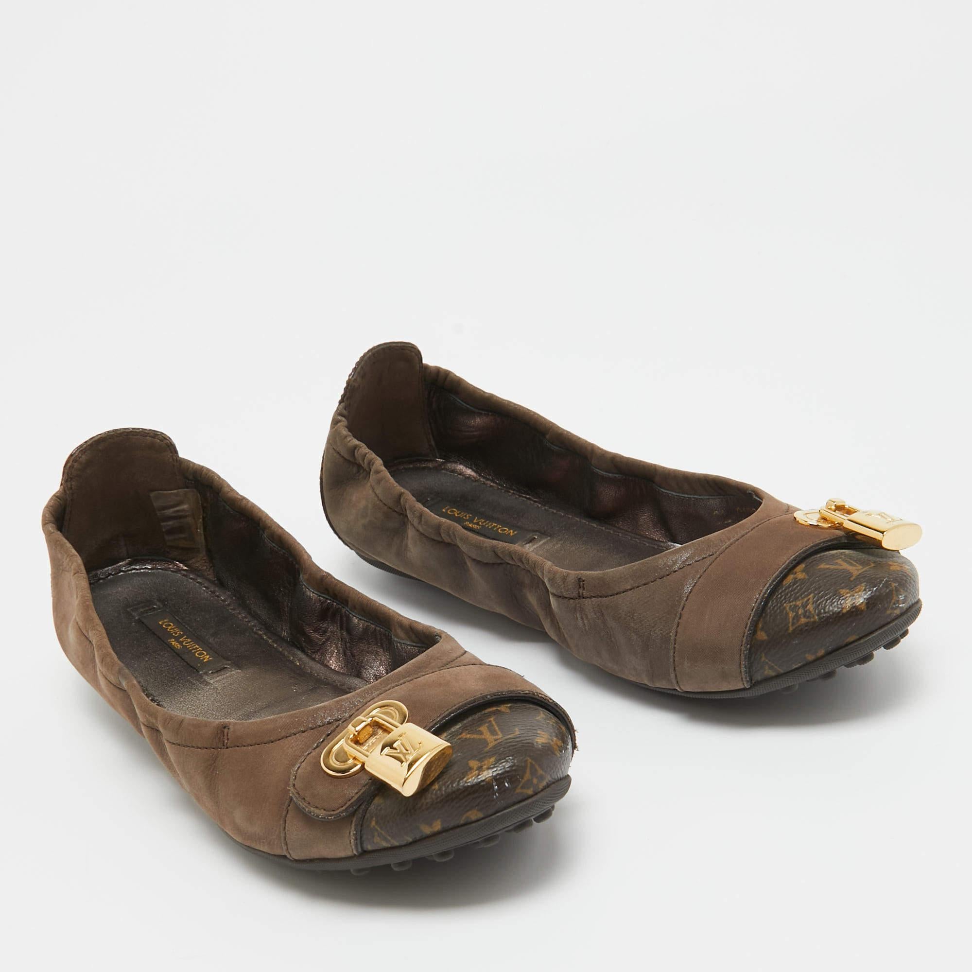 Louis Vuitton Brown Glitter Nubuck and Monogram Canvas Lucky Ballet Flats Size 3 For Sale 2