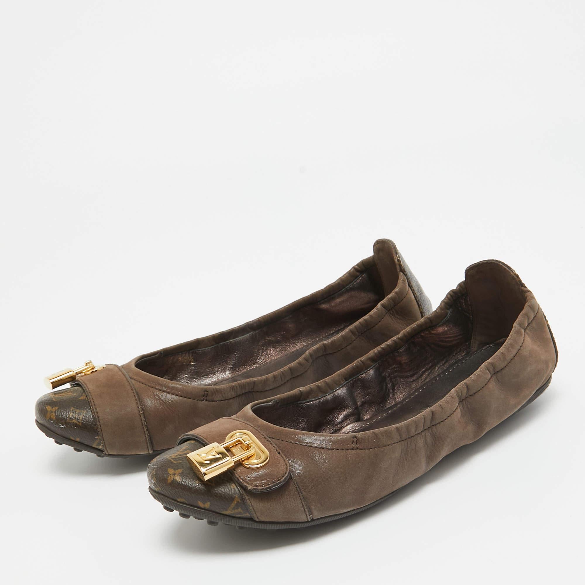 Louis Vuitton Brown Glitter Nubuck and Monogram Canvas Lucky Ballet Flats Size 3 For Sale 4