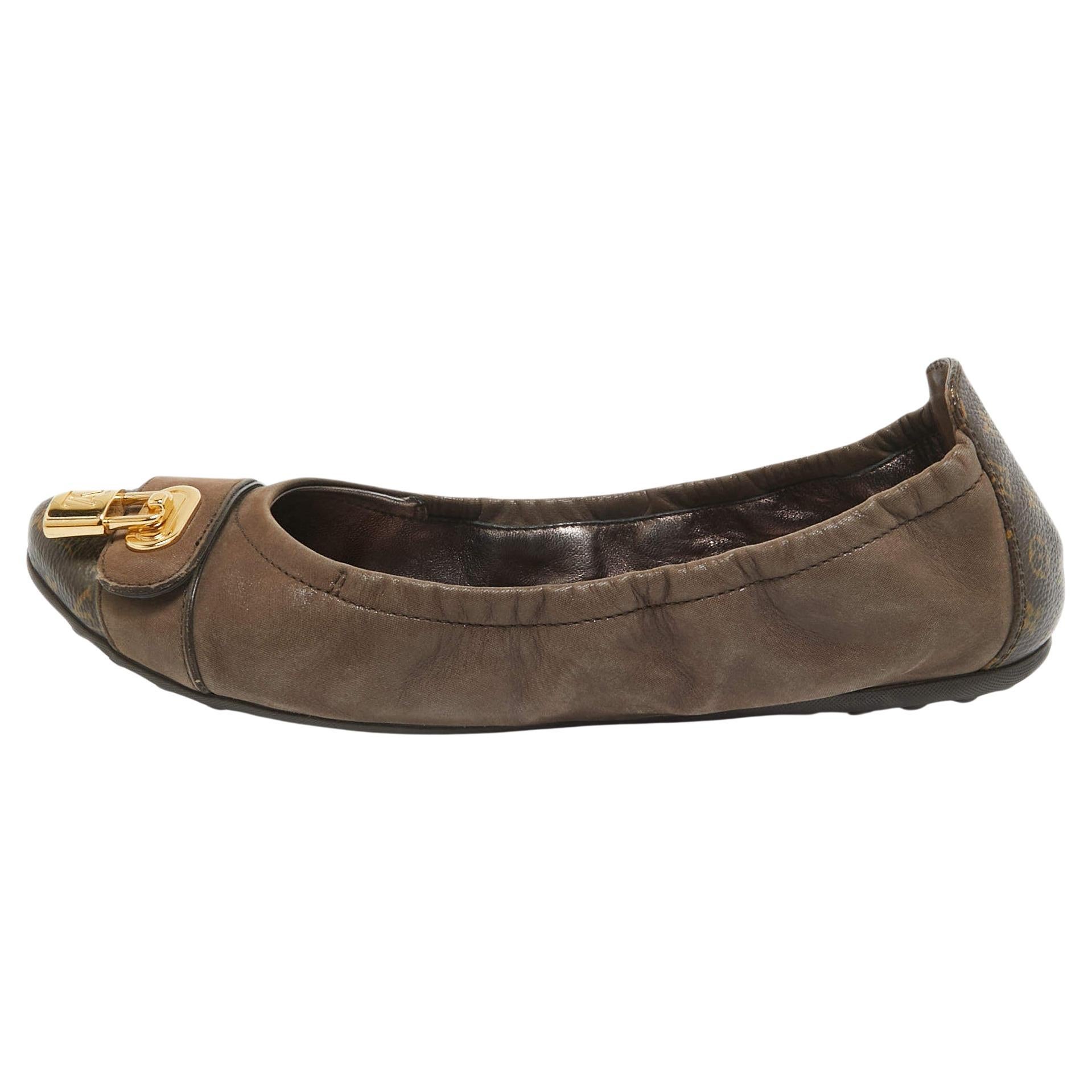 Louis Vuitton Brown Glitter Nubuck and Monogram Canvas Lucky Ballet Flats Size 3 For Sale