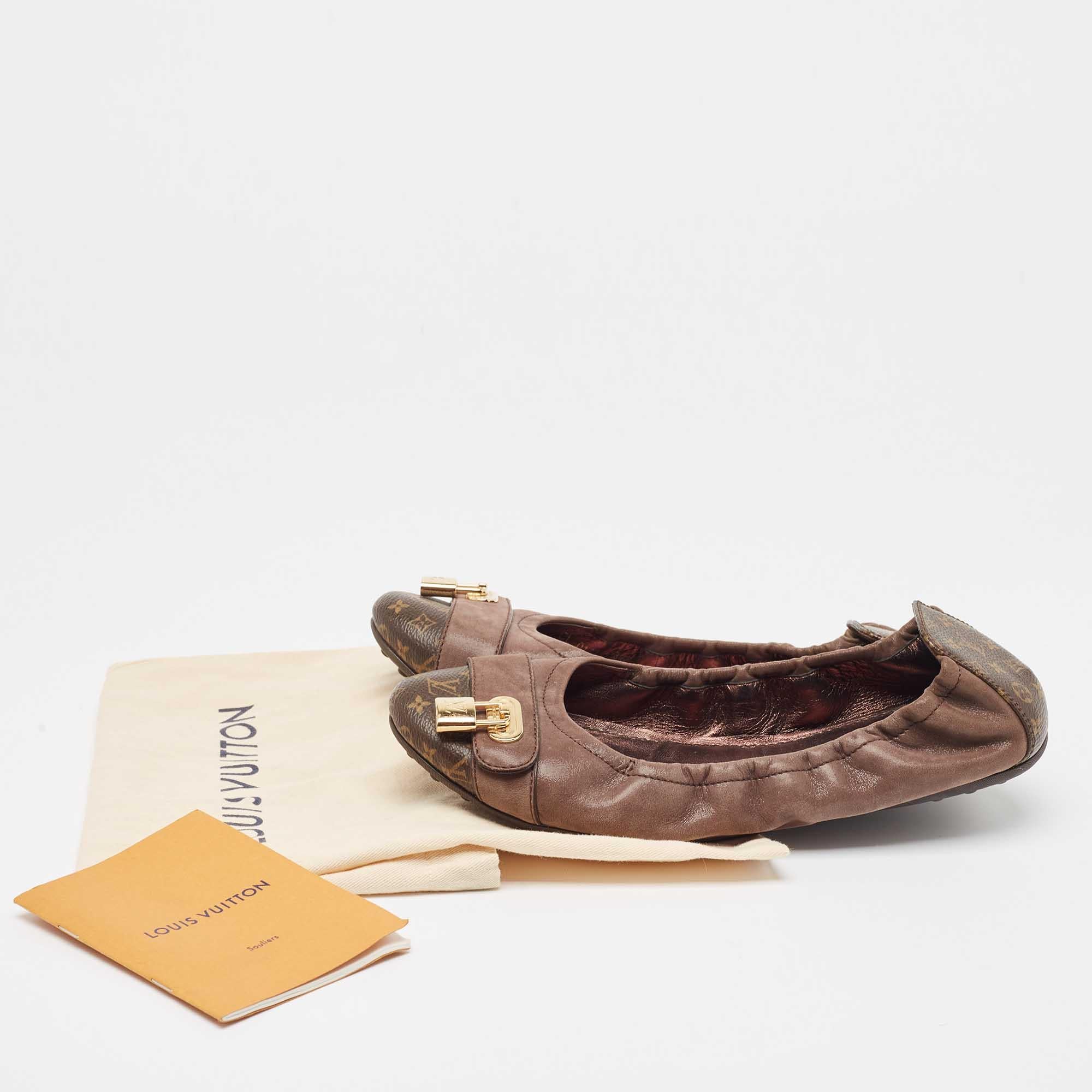 Louis Vuitton Marrón Glitter Nubuck Monogram Canvas Lucky Bailarinas Talla 38.5 en venta 5