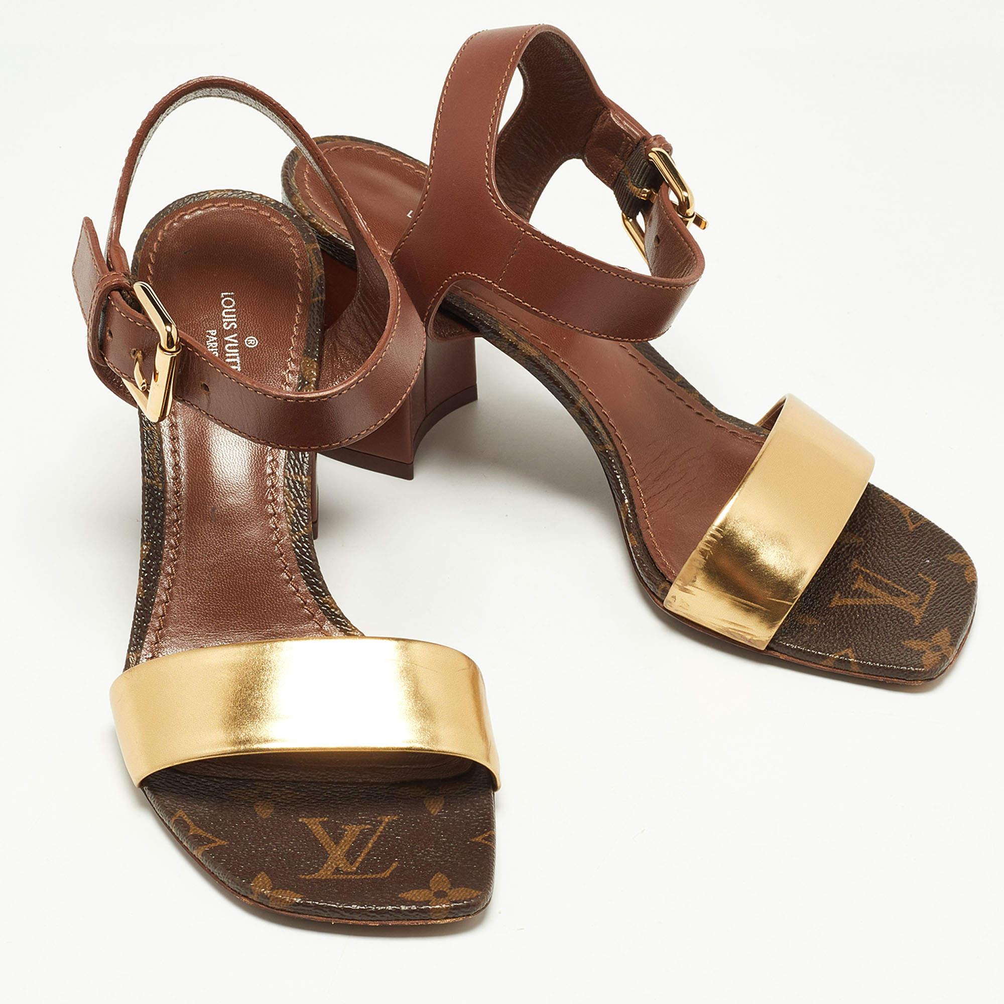 Louis Vuitton Brown/Gold Leather Bloom Ankle Strap Sandals Size 36 1