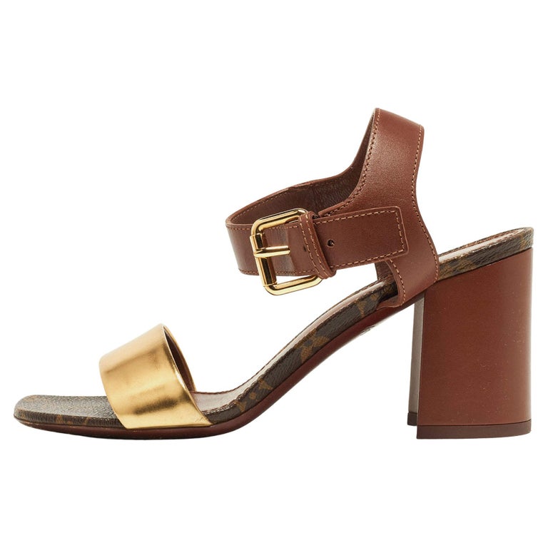 Louis Vuitton Brown/Gold Leather Bloom Ankle Strap Sandals Size 36 For Sale  at 1stDibs