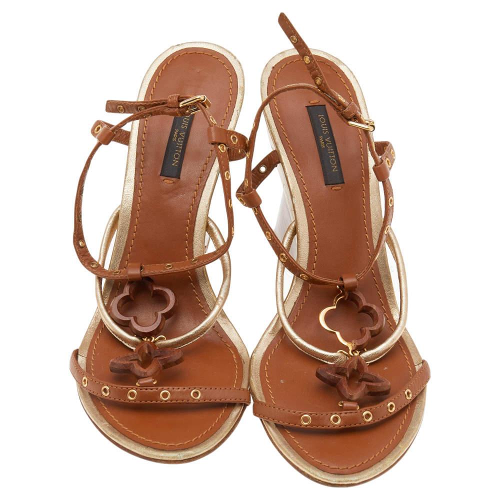 Beige Louis Vuitton Brown/Gold Leather  Eyelet T-Strap Wedge Sandals Size 38