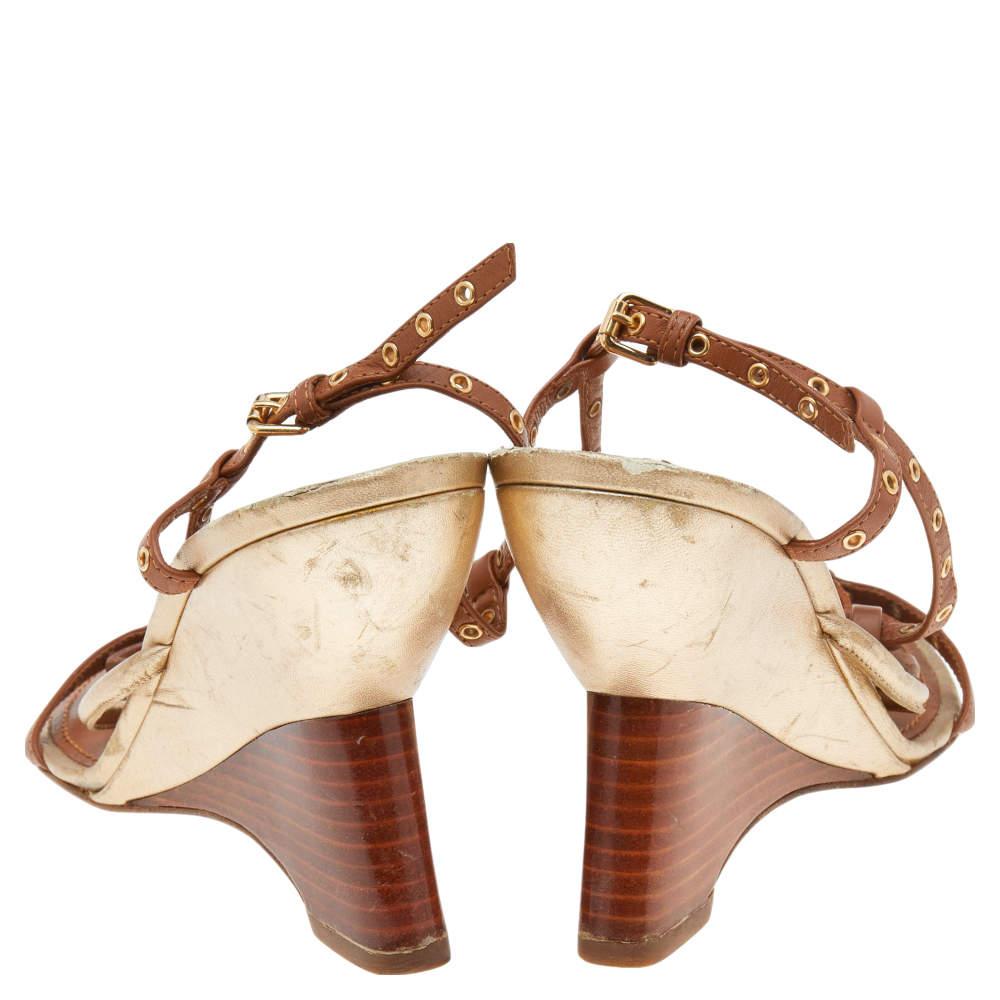 Women's Louis Vuitton Brown/Gold Leather  Eyelet T-Strap Wedge Sandals Size 38