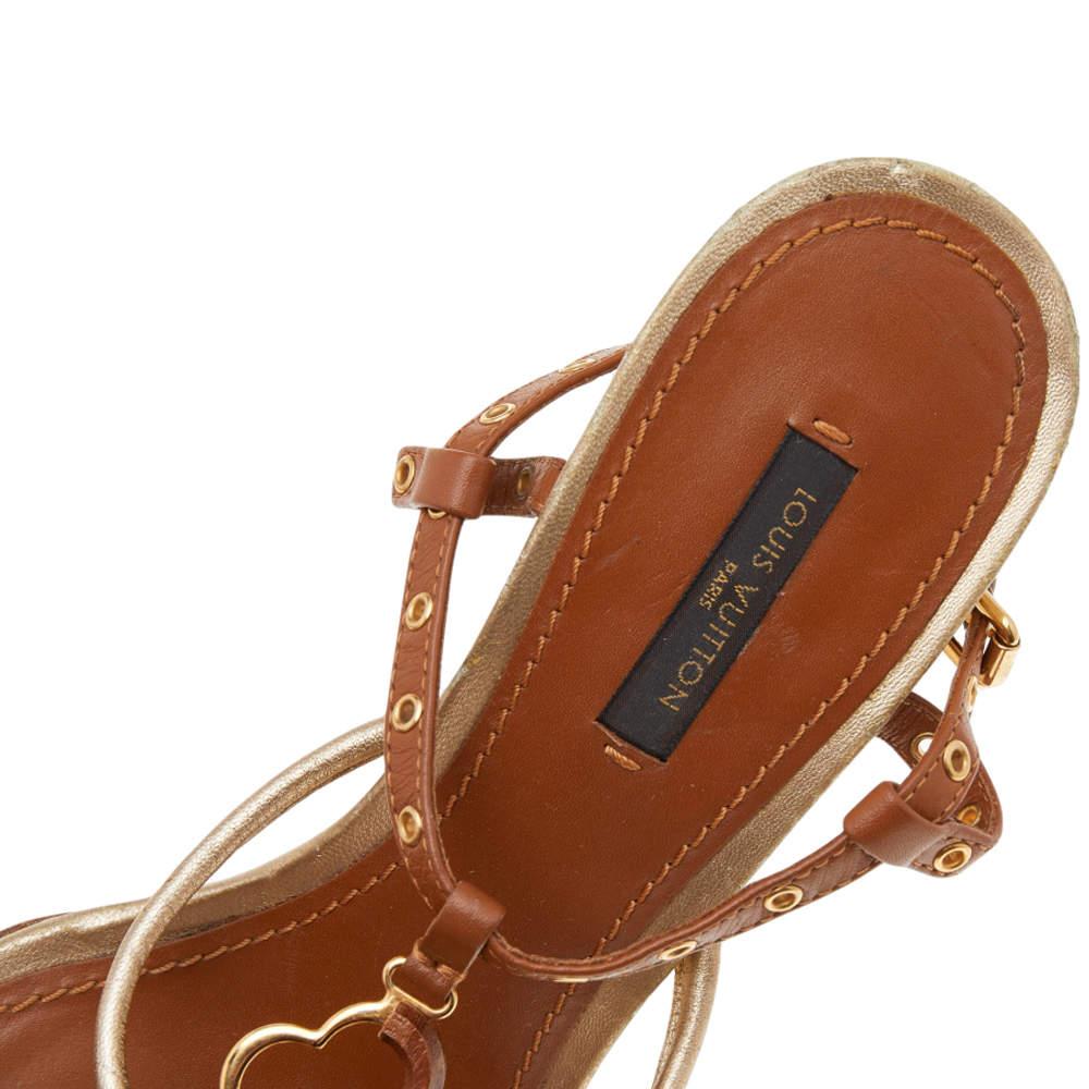 Louis Vuitton Brown/Gold Leather  Eyelet T-Strap Wedge Sandals Size 38 2