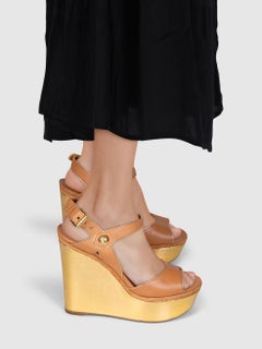 Louis Vuitton Brown & Gold Leather Wedge Sandals Size IT 39