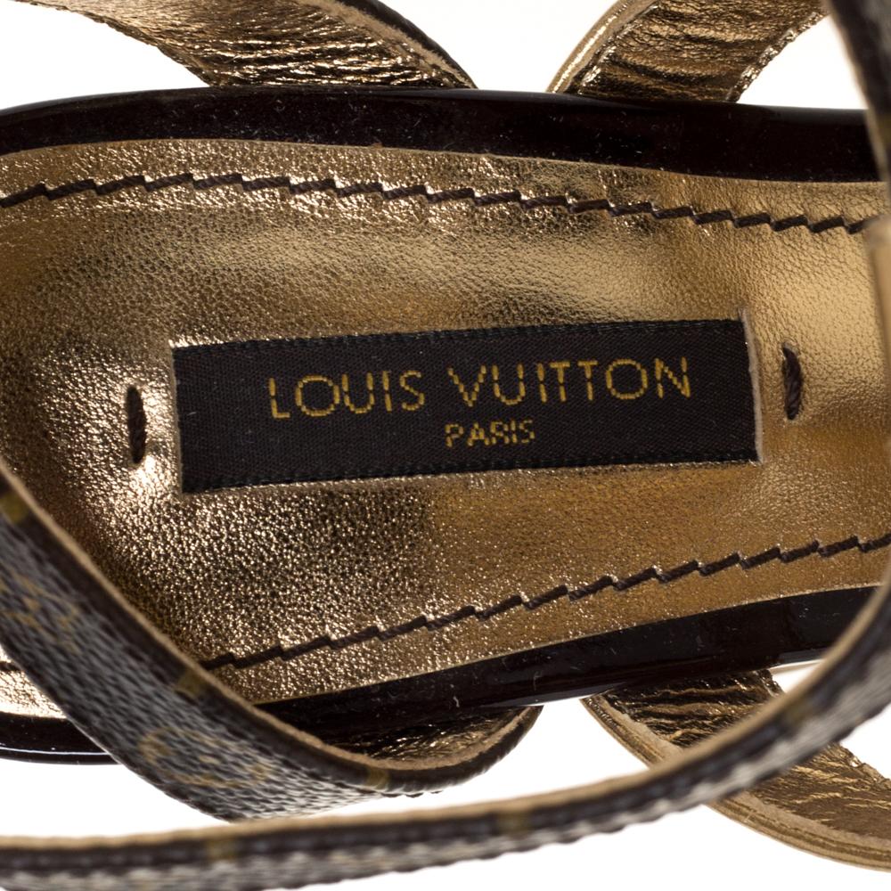 Beige Louis Vuitton Brown/Gold Monogram and Leather Strappy Wedge Sandals Size 35.5