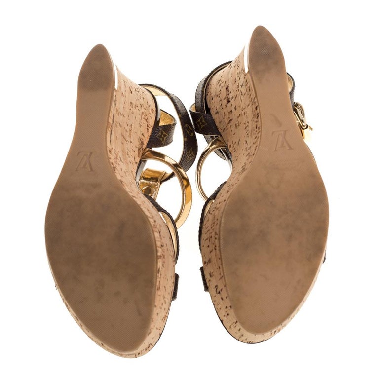 Louis Vuitton, Shoes, Louis Vuitton Brown Gold Monogram Wedge Sandals 375