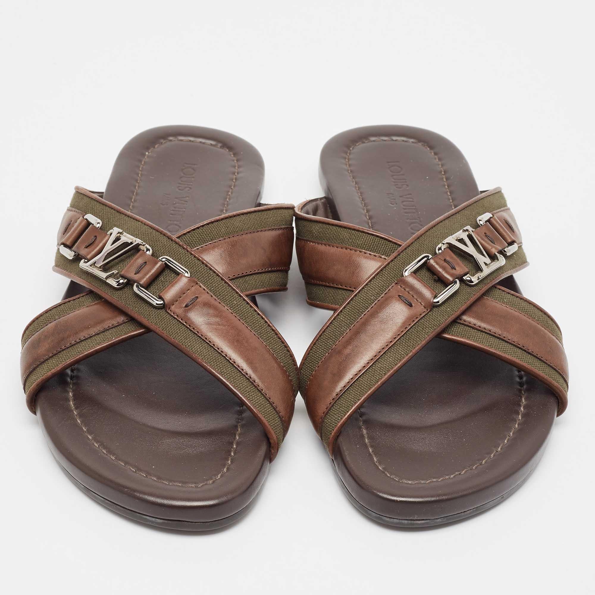 Black Louis Vuitton Brown/Green Leather and Canvas Flat Slides Size 42.5 For Sale