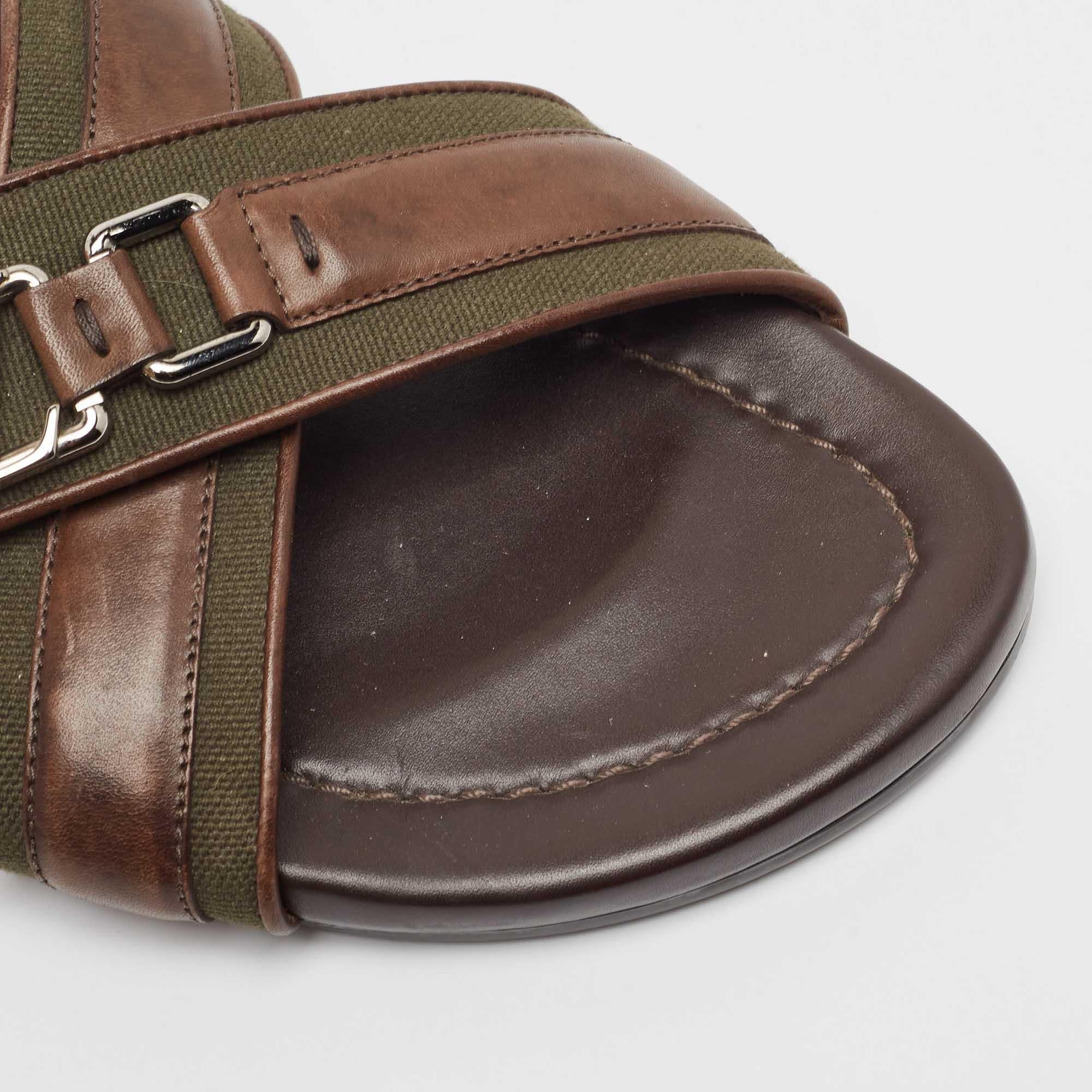 Louis Vuitton Brown/Green Leather and Canvas Flat Slides Size 42.5 For Sale 3