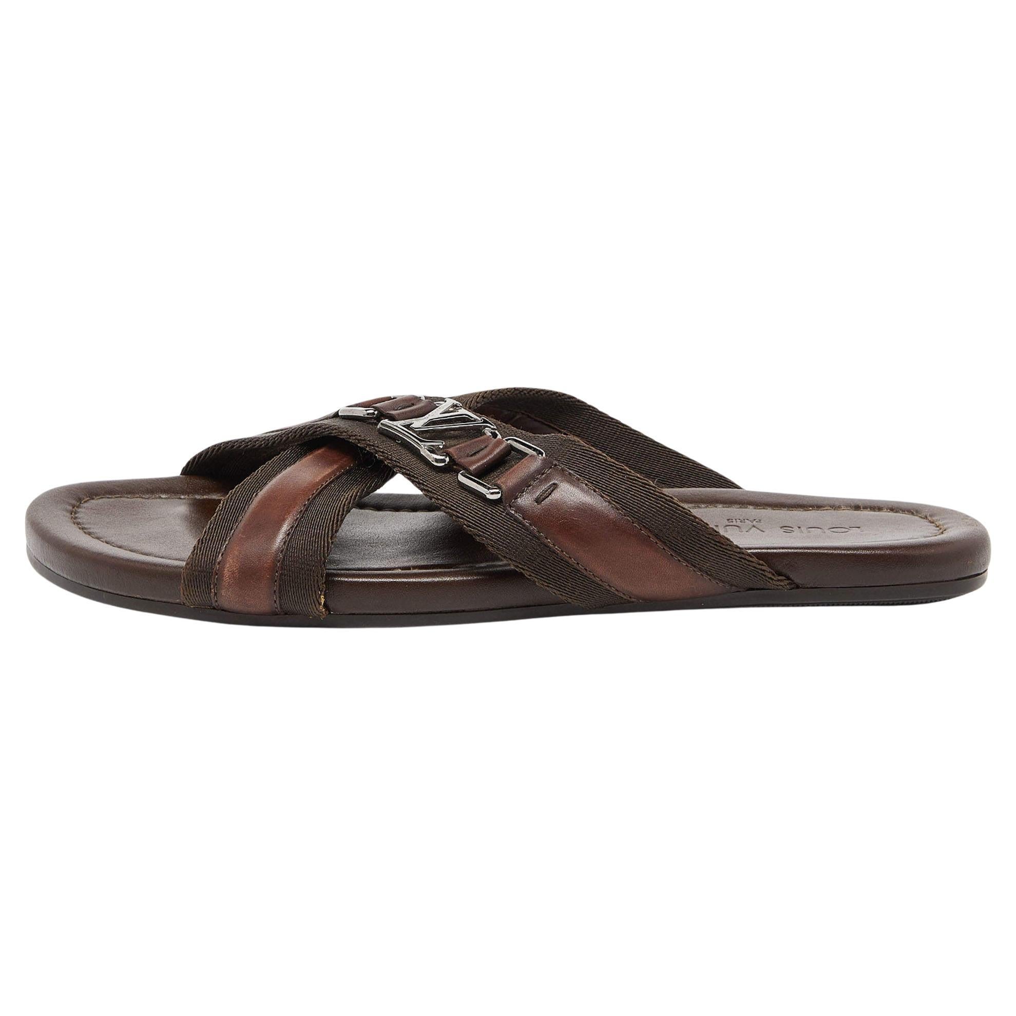 Louis Vuitton Brown Leather and Canvas Criss Cross Flat Slides Size 43 For Sale