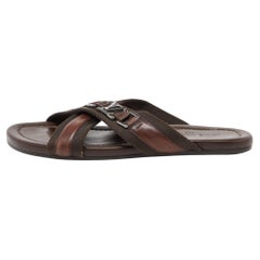 Used Louis Vuitton Brown Leather and Canvas Criss Cross Flat Slides Size 43