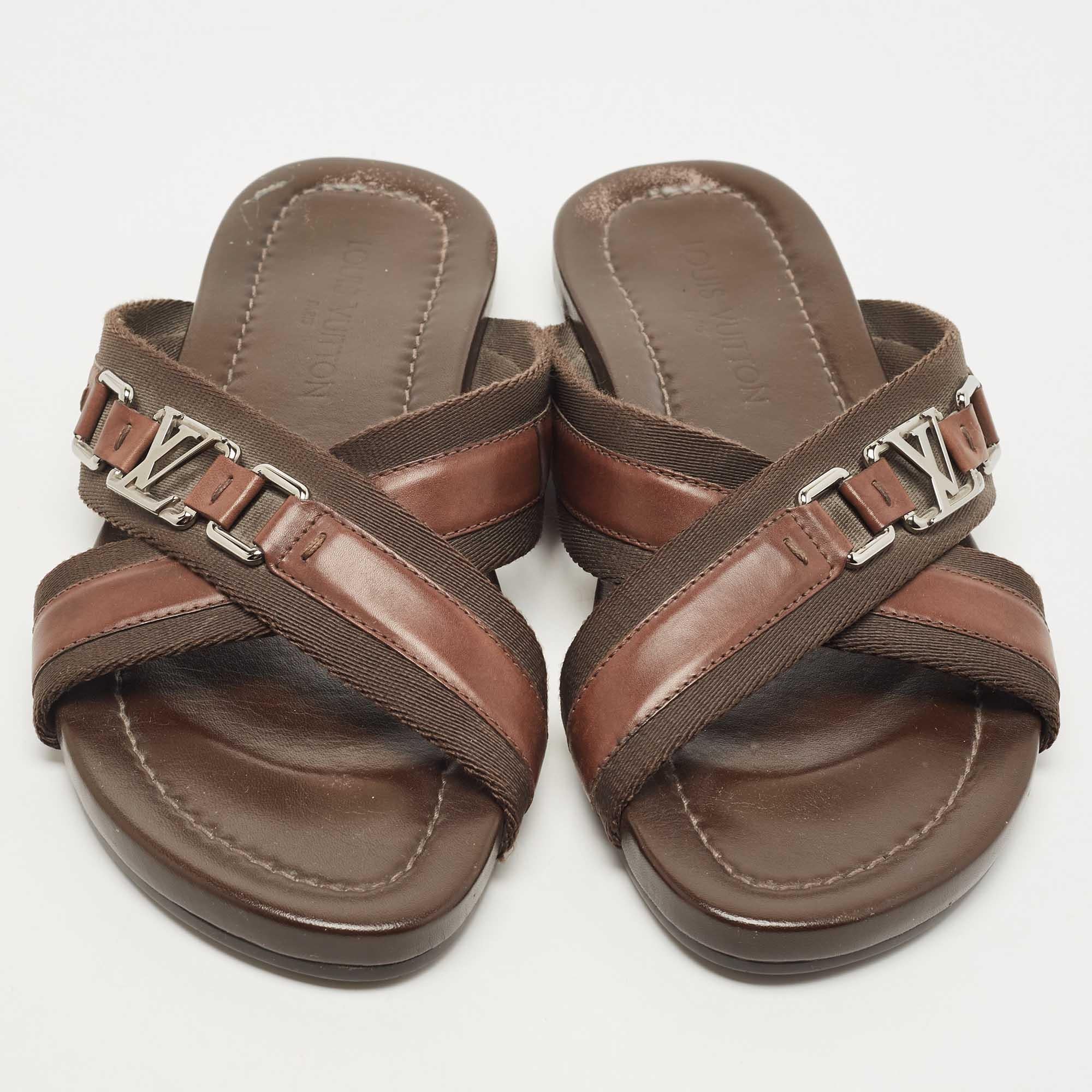 Louis Vuitton Monogram Cross Strap Slippers In Black And Brown