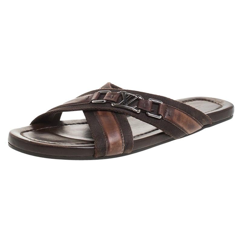 Louis Vuitton Brown Leather and Fabric Criss-Cross Sandals Size 41