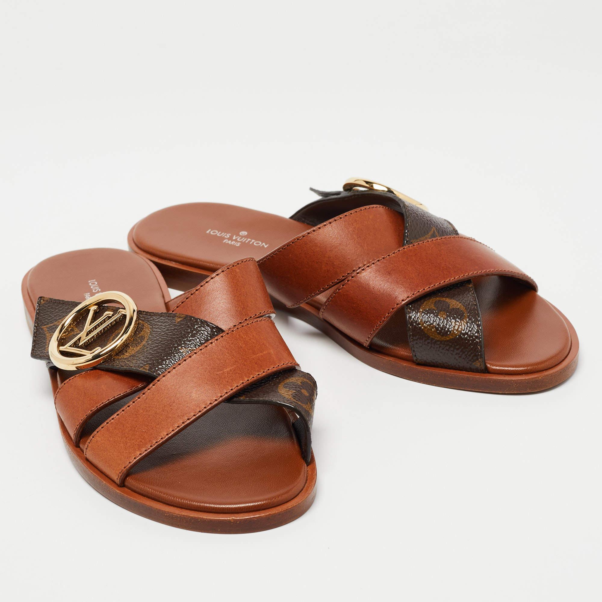 Women's Louis Vuitton Brown Leather and Monogram Canvas Flat Slides Size 35