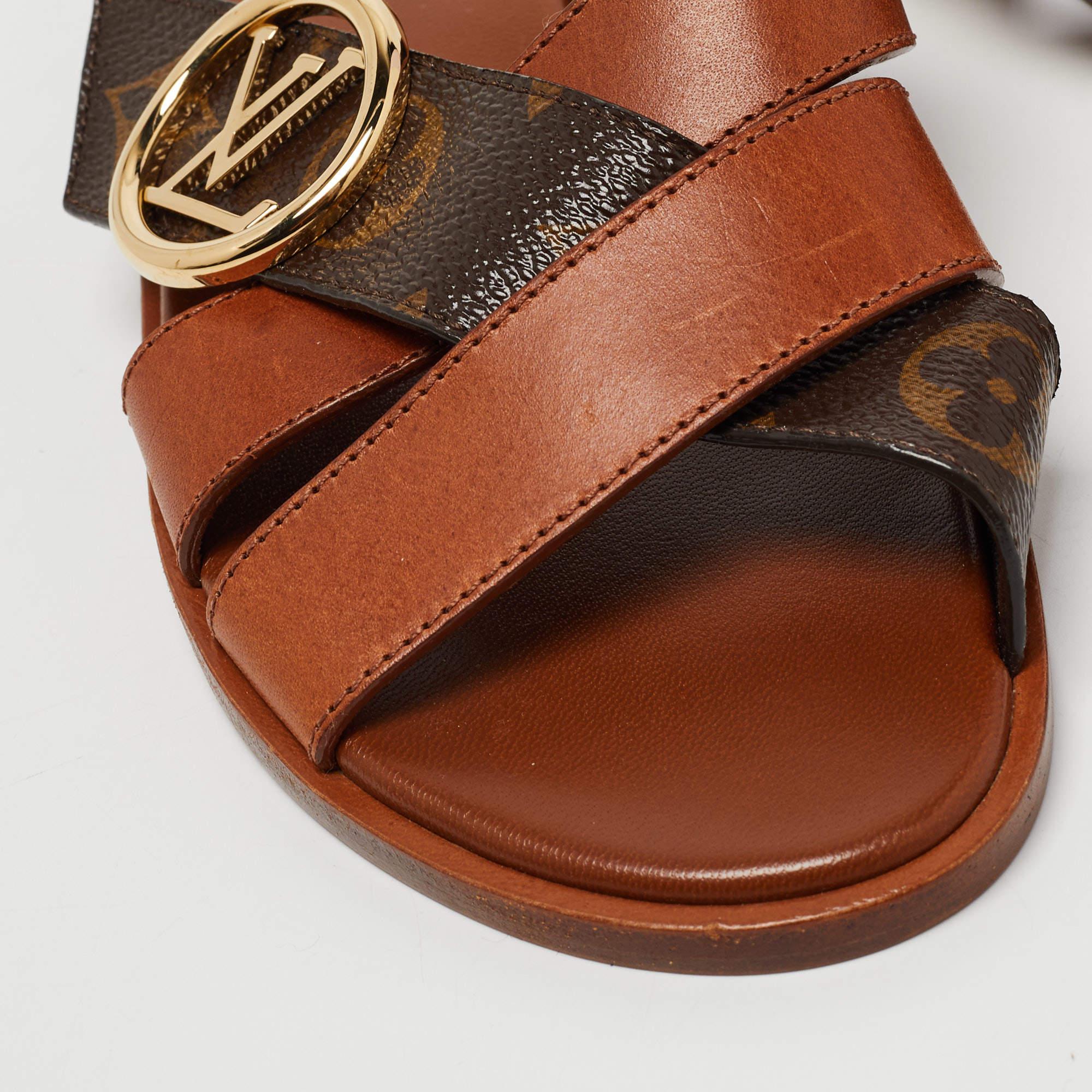 Louis Vuitton Brown Leather and Monogram Canvas Flat Slides Size 35 at