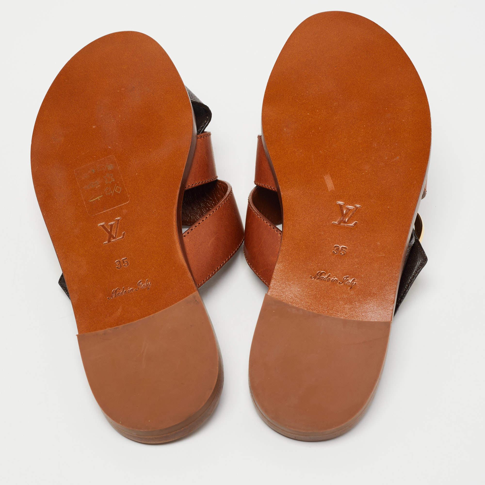 Louis Vuitton Brown Leather and Monogram Canvas Flat Slides Size 35 3
