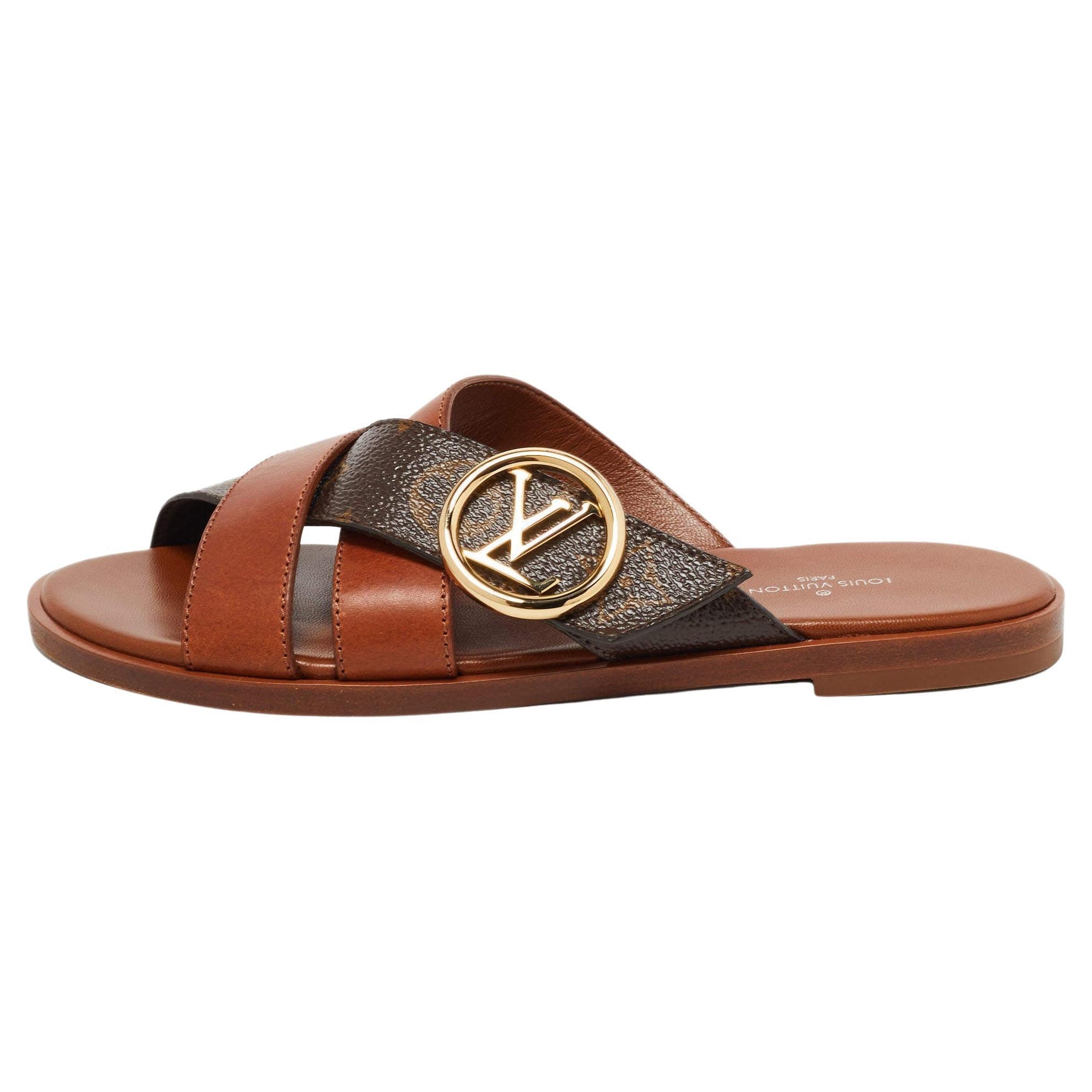 Louis Vuitton Brown Leather and Monogram Canvas Flat Slides Size 35