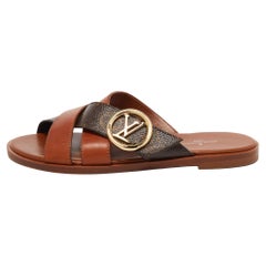 Louis Vuitton Brown Leather and Monogram Canvas Flat Slides Size 35