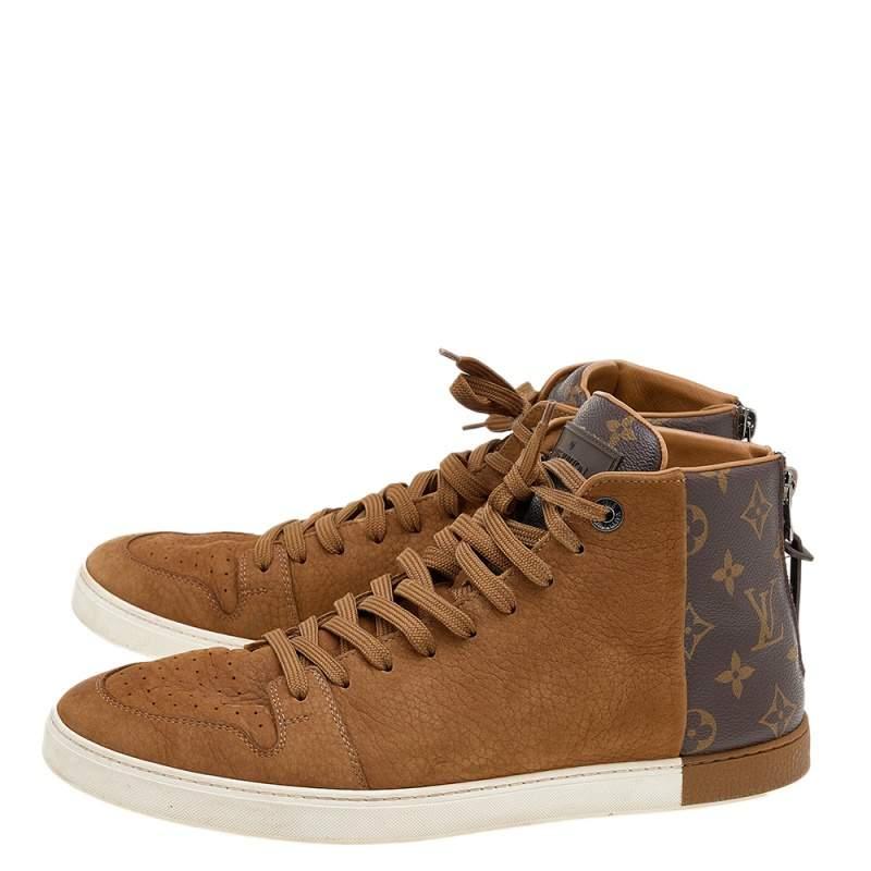 Louis Vuitton Brown Leather And Monogram Canvas High Top Sneakers Size 41.5 In Good Condition For Sale In Dubai, Al Qouz 2
