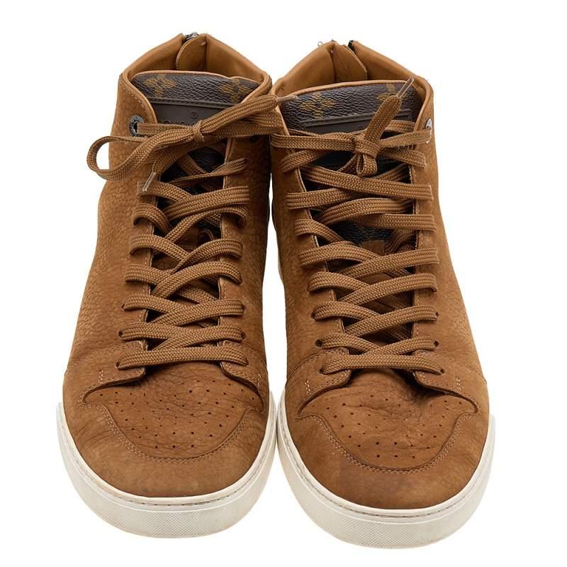 Louis Vuitton Brown Leather And Monogram Canvas High Top Sneakers Size 41.5 For Sale 3