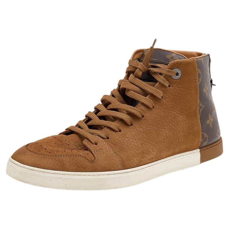 Louis Vuitton Brown Leather And Monogram Canvas High Top Sneakers Size 41.5 For Sale