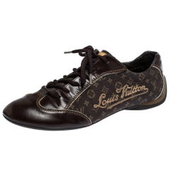 Louis Vuitton Brown Leather And Monogram Canvas Lace Up Sneakers Size 38.5