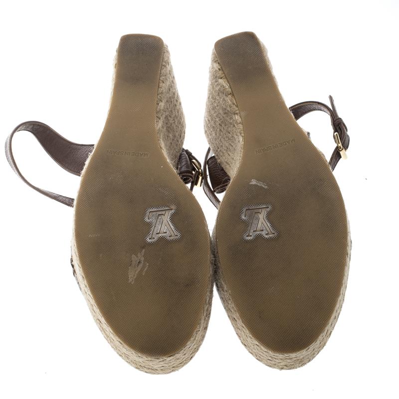 Women's Louis Vuitton Brown Leather Ankle Strap Espadrilles Wedges Sandals Size 38.5