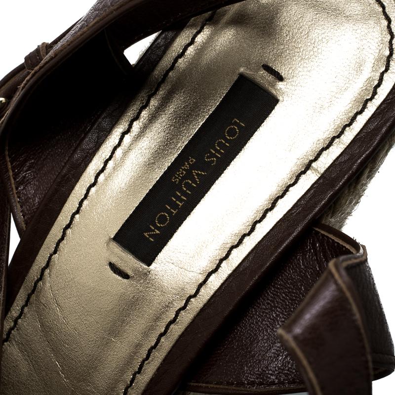 Louis Vuitton Brown Leather Ankle Strap Espadrilles Wedges Sandals Size 38.5 1