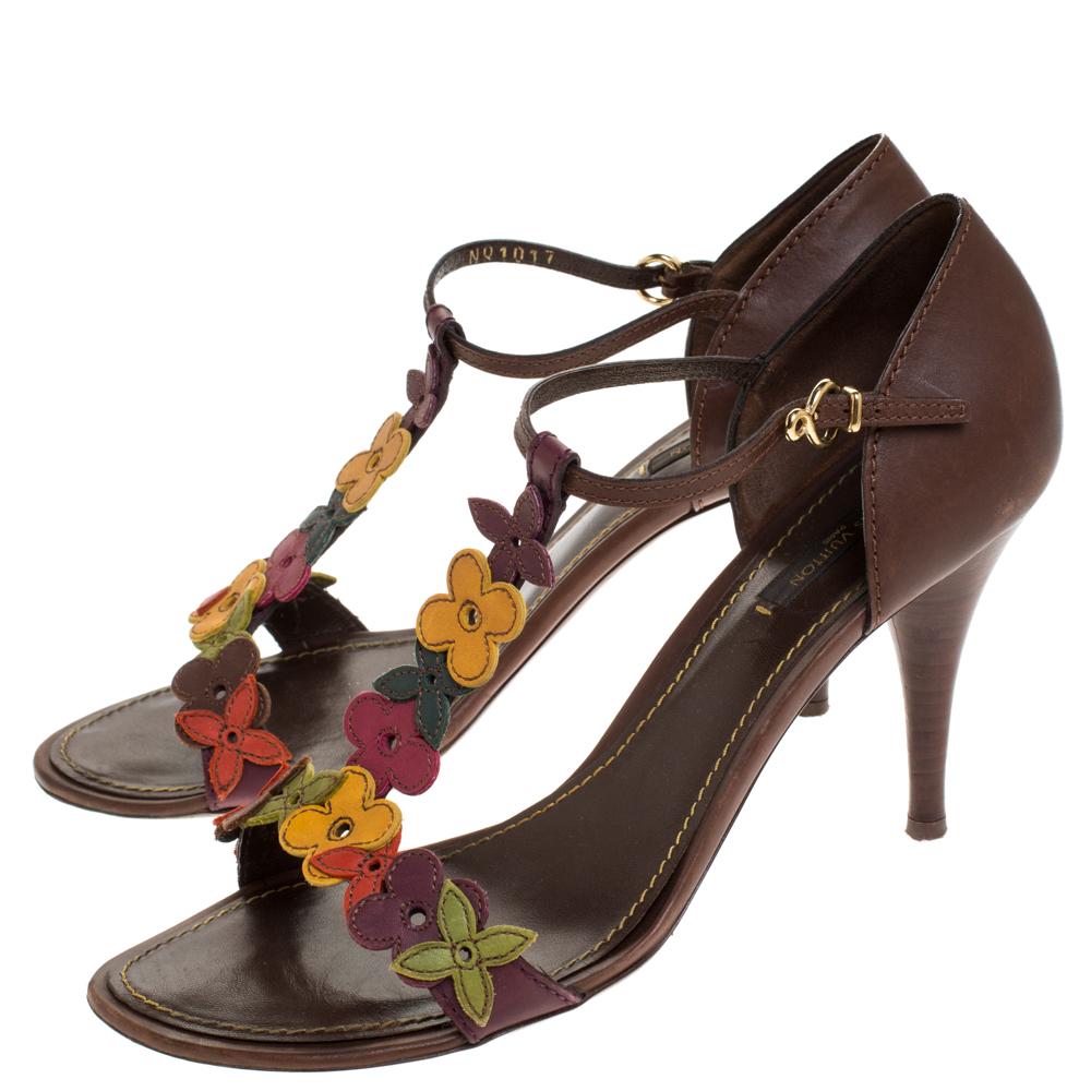 Women's Louis Vuitton Brown Leather Aubepine Floral T-Strap Sandals Size 39.5