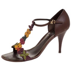 Louis Vuitton Brown Leather Aubepine Floral T-Strap Sandals Size 39.5