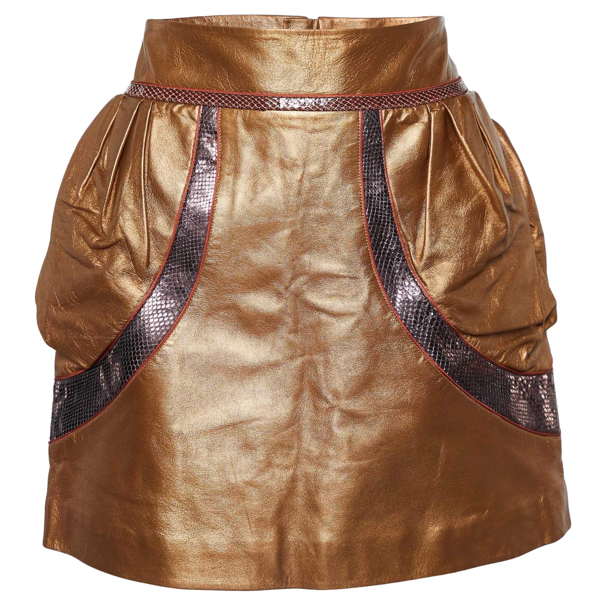 Louis Vuitton Brown Leather & Contrast Detail Puff Pocket Mini Skirt M