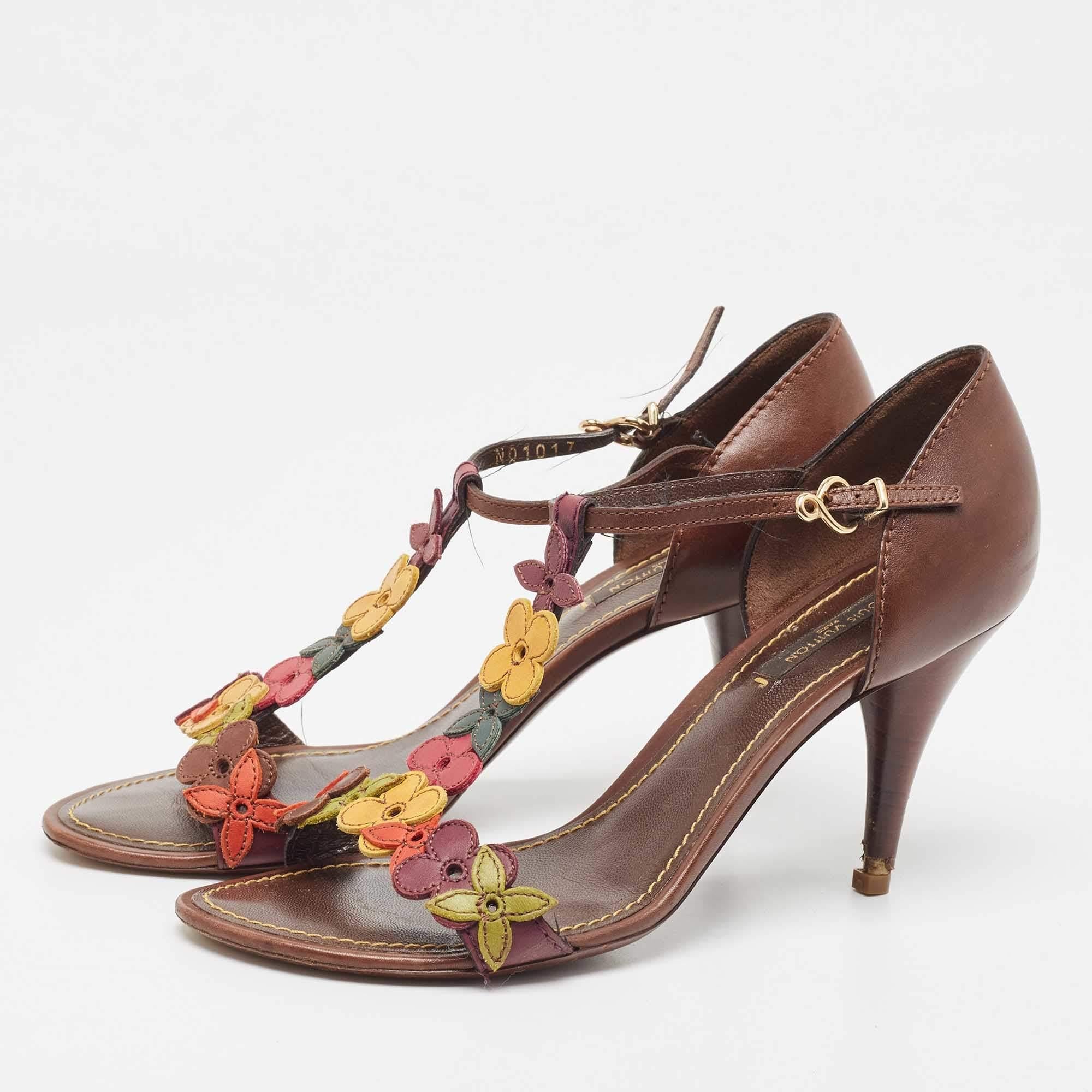 Women's Louis Vuitton Brown Leather Flower Applique T-Bar Ankle Strap Sandals Size 37.5 For Sale