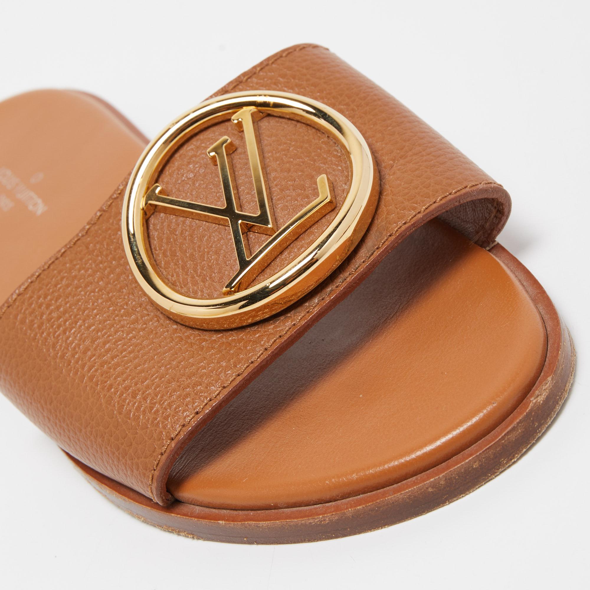 Louis Vuitton Brown Leather Lock It Flat Slides Size 36 4